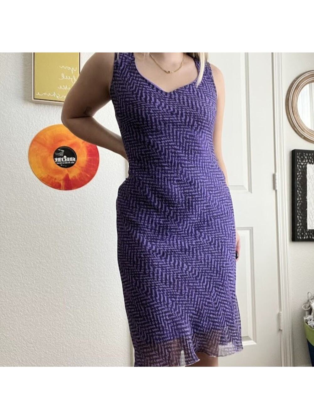 Vintage 90s Y2K Meghan Matthews Purple Print Midi Dress Sz 6